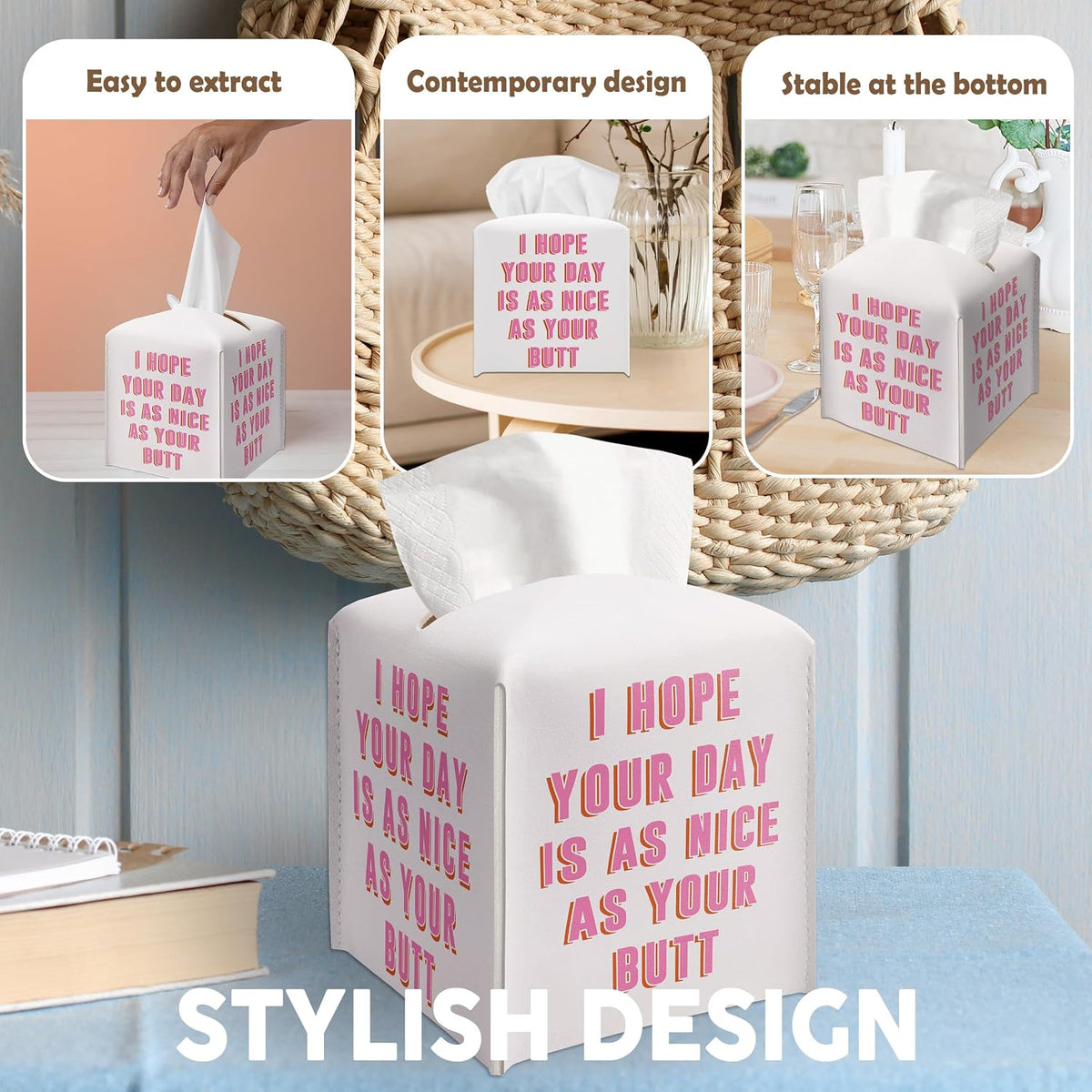 Pink Gifts Tissue Box Cover Square, Funny Quote Gift Ideas for Friends, I Hope Your Day is As Nice As Your Butt, Bathroom Decor, Housewarming New Home Favor-(5.2 Inches) A80
