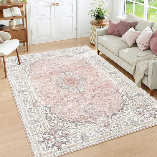 Pink 5x7 Area Rugs for Living Room, Washable Vintage Boho Rug