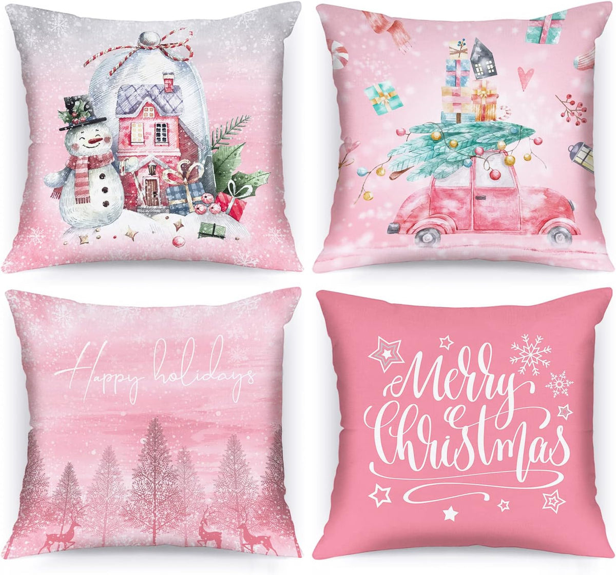White and Pink Christmas Throw Pillow Covers 18x18 Set of 4, 18 inch Decorative Xmas Cushion Covers Pillow Cases for Home Bedroom Room Holiday Couch Decor Decorations