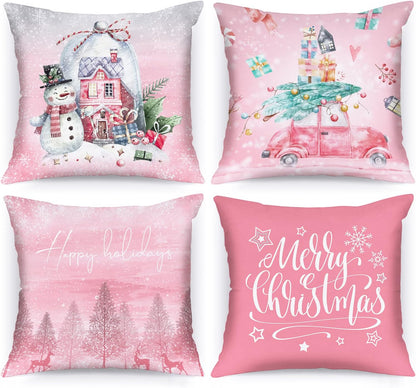 White and Pink Christmas Throw Pillow Covers 18x18 Set of 4, 18 inch Decorative Xmas Cushion Covers Pillow Cases for Home Bedroom Room Holiday Couch Decor Decorations