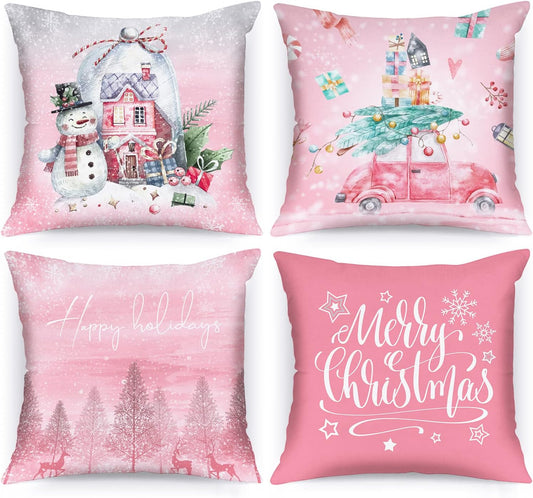 White and Pink Christmas Throw Pillow Covers 18x18 Set of 4, 18 inch Decorative Xmas Cushion Covers Pillow Cases for Home Bedroom Room Holiday Couch Decor Decorations