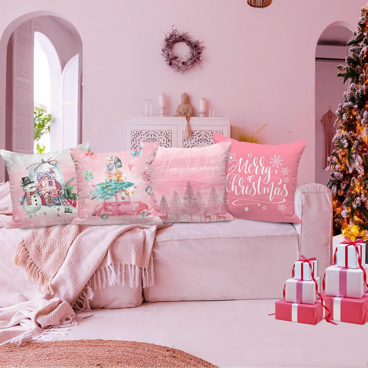 White and Pink Christmas Throw Pillow Covers 18x18 Set of 4, 18 inch Decorative Xmas Cushion Covers Pillow Cases for Home Bedroom Room Holiday Couch Decor Decorations