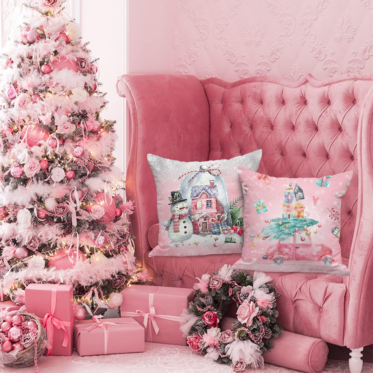 White and Pink Christmas Throw Pillow Covers 18x18 Set of 4, 18 inch Decorative Xmas Cushion Covers Pillow Cases for Home Bedroom Room Holiday Couch Decor Decorations
