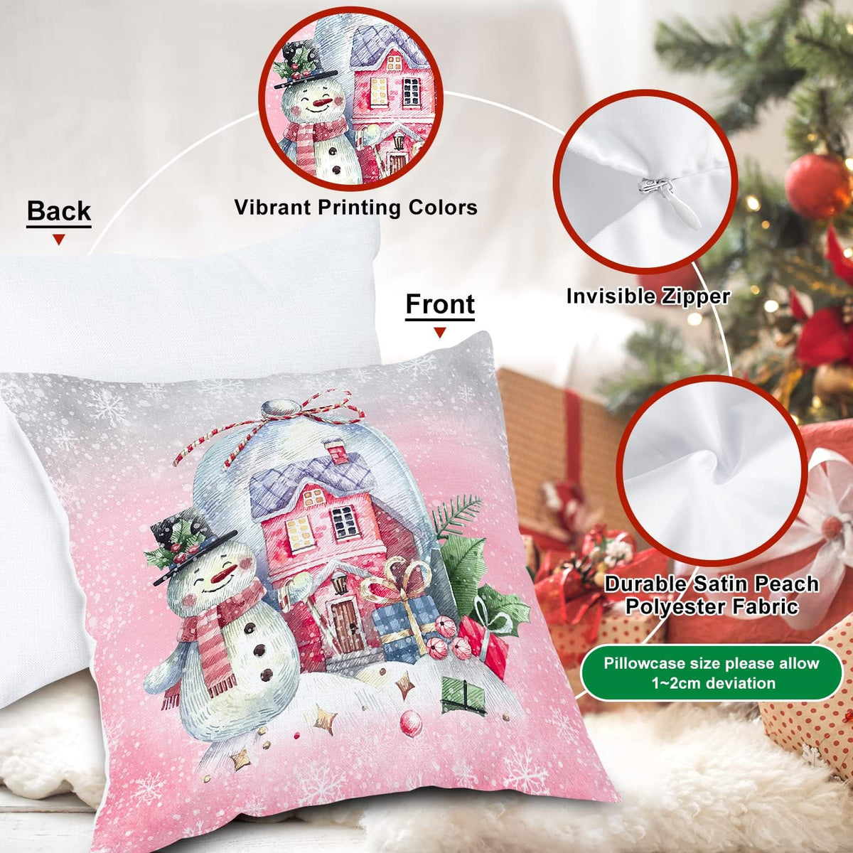 White and Pink Christmas Throw Pillow Covers 18x18 Set of 4, 18 inch Decorative Xmas Cushion Covers Pillow Cases for Home Bedroom Room Holiday Couch Decor Decorations