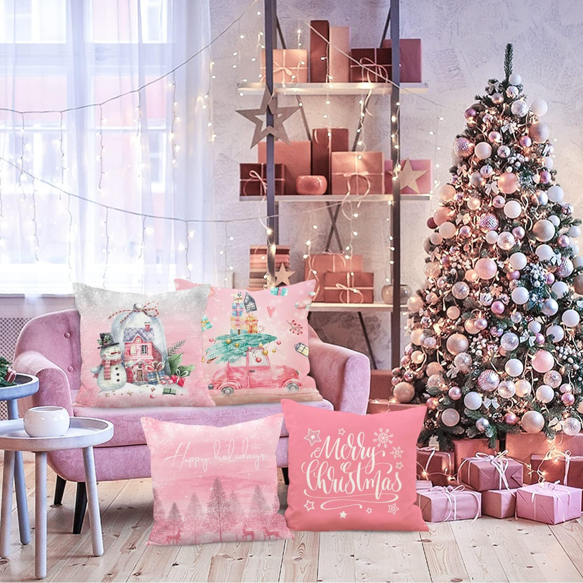 White and Pink Christmas Throw Pillow Covers 18x18 Set of 4, 18 inch Decorative Xmas Cushion Covers Pillow Cases for Home Bedroom Room Holiday Couch Decor Decorations