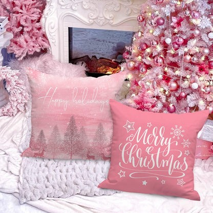 White and Pink Christmas Throw Pillow Covers 18x18 Set of 4, 18 inch Decorative Xmas Cushion Covers Pillow Cases for Home Bedroom Room Holiday Couch Decor Decorations