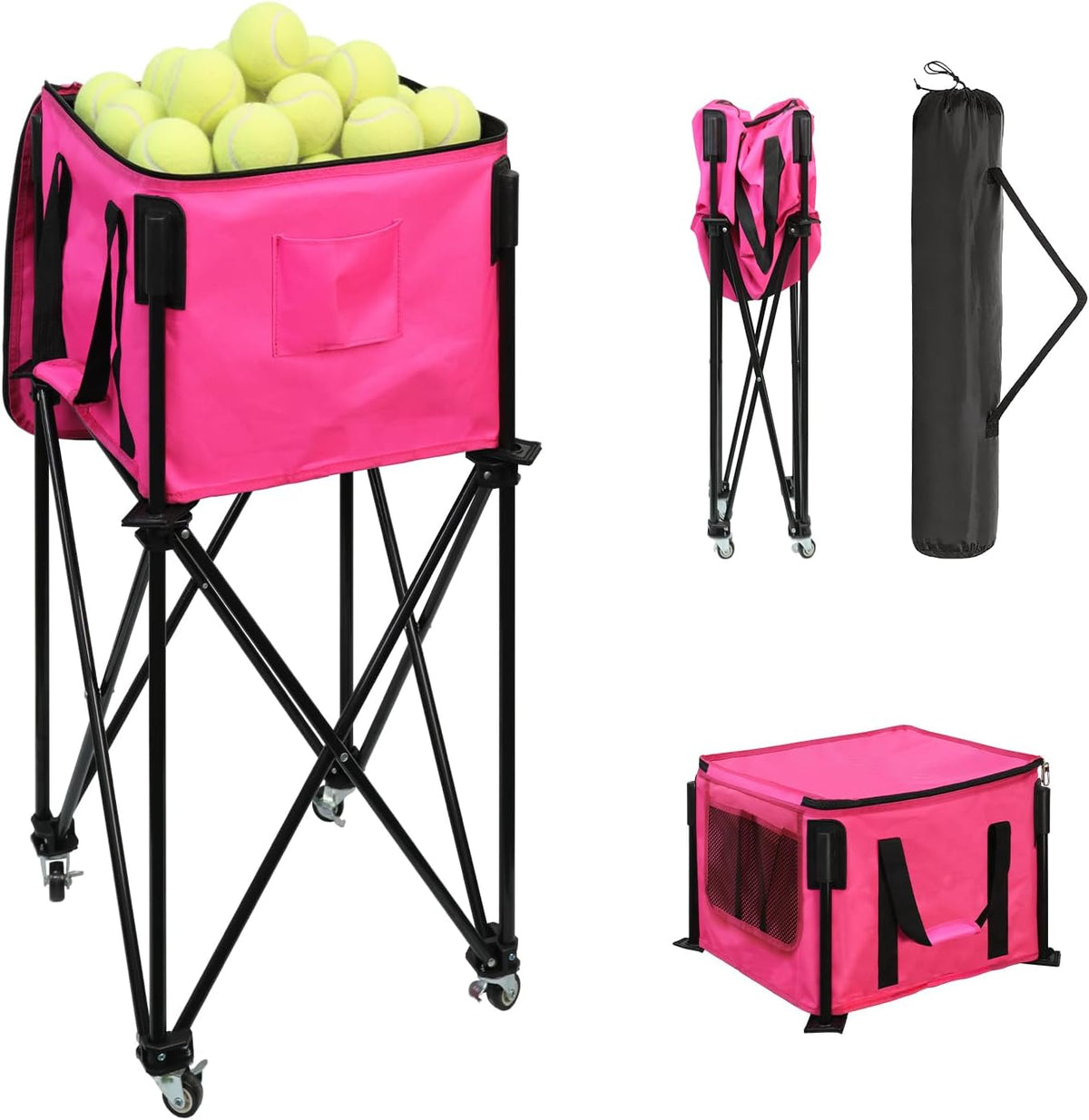 Tennis Ball Hopper,Foldable Lightweight Tennis Cart Holds 200/120 Balls with Wheels & Removable Bag,Easy to Use Without Installation for Tennis Training and Teaching