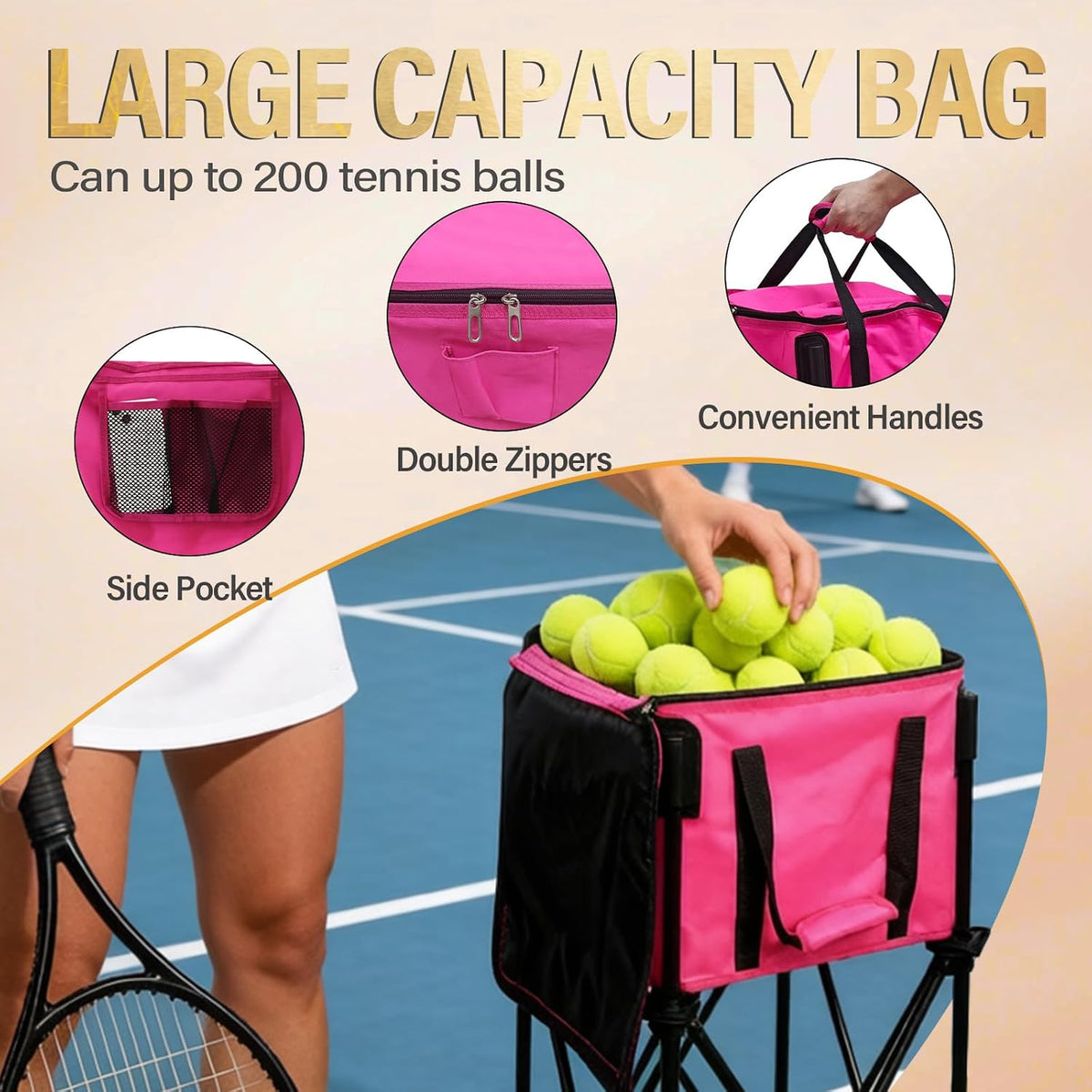 Tennis Ball Hopper,Foldable Lightweight Tennis Cart Holds 200/120 Balls with Wheels & Removable Bag,Easy to Use Without Installation for Tennis Training and Teaching