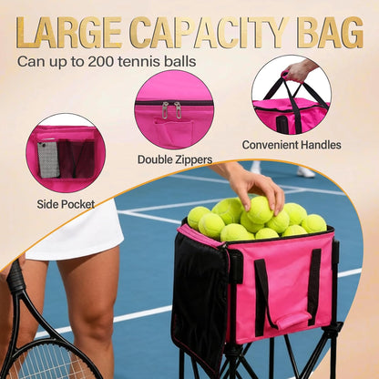 Tennis Ball Hopper,Foldable Lightweight Tennis Cart Holds 200/120 Balls with Wheels & Removable Bag,Easy to Use Without Installation for Tennis Training and Teaching