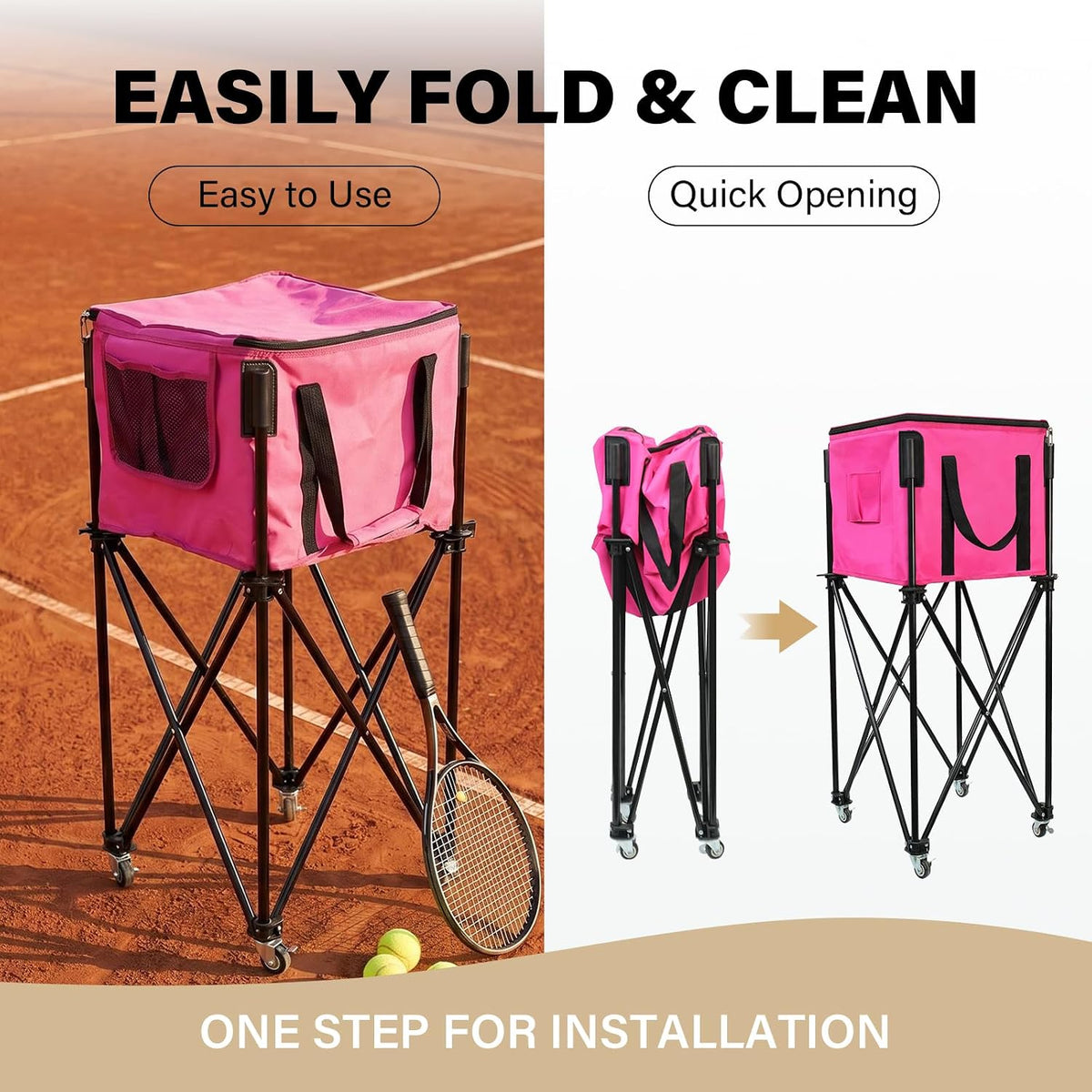 Tennis Ball Hopper,Foldable Lightweight Tennis Cart Holds 200/120 Balls with Wheels & Removable Bag,Easy to Use Without Installation for Tennis Training and Teaching