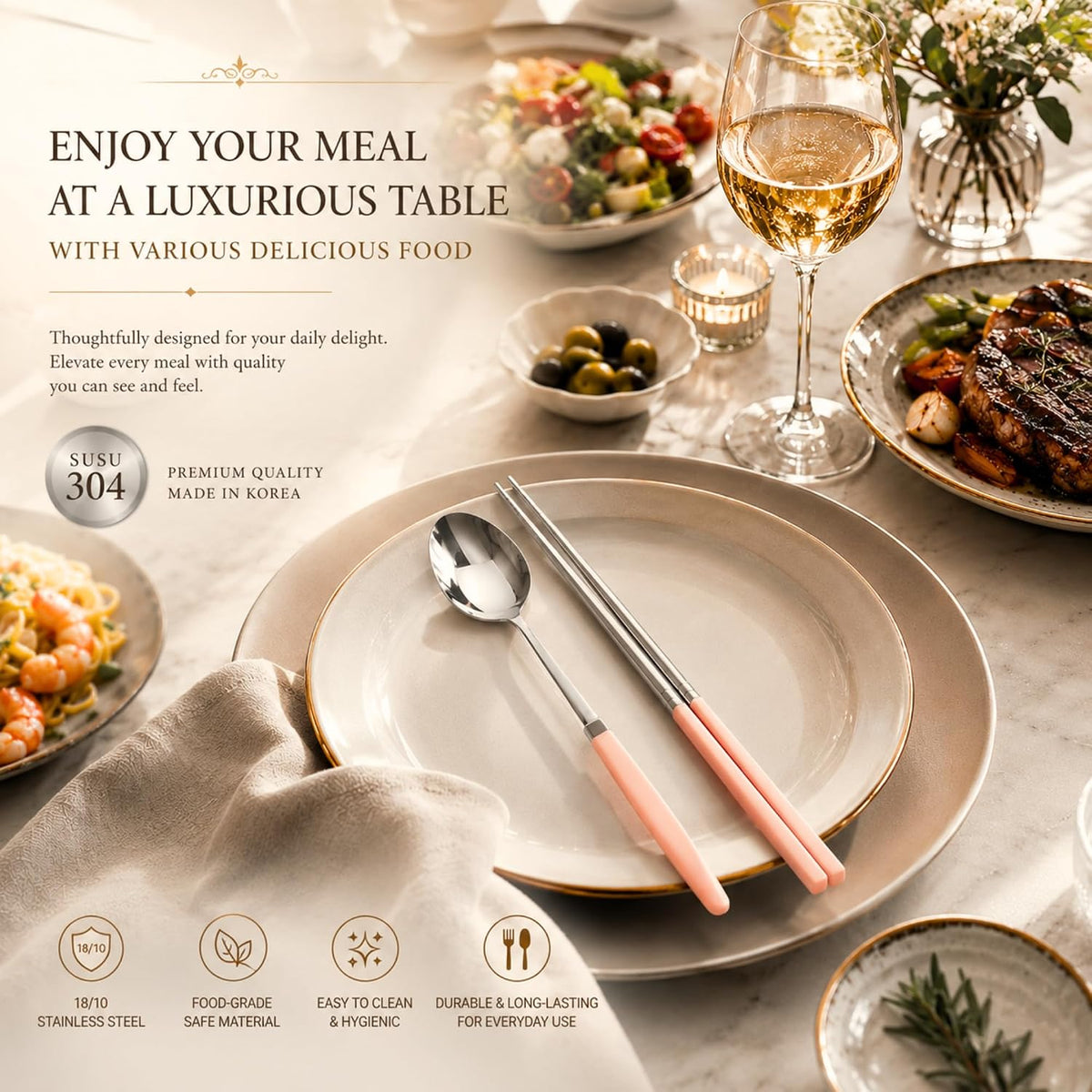 Modern Stainless Steel Spoon and Chopsticks Set of 2 – Lightweight, Dishwasher Safe, Reusable Premium Flatware for Daily Dining, Party, Event or Gift, Made in Korea (Soft Pink)