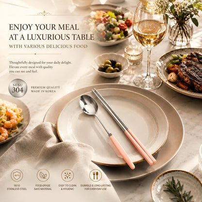 Modern Stainless Steel Spoon and Chopsticks Set of 2 – Lightweight, Dishwasher Safe, Reusable Premium Flatware for Daily Dining, Party, Event or Gift, Made in Korea (Soft Pink)