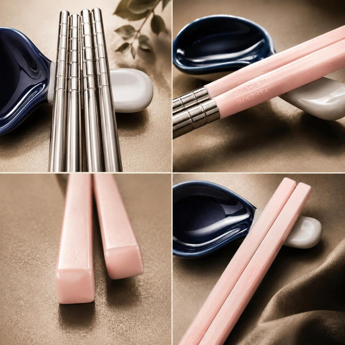 Modern Stainless Steel Spoon and Chopsticks Set of 2 – Lightweight, Dishwasher Safe, Reusable Premium Flatware for Daily Dining, Party, Event or Gift, Made in Korea (Soft Pink)
