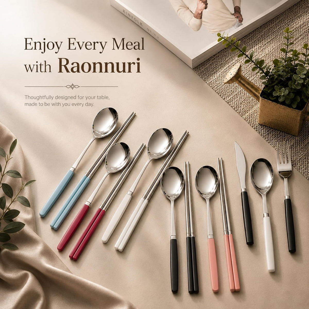 Modern Stainless Steel Spoon and Chopsticks Set of 2 – Lightweight, Dishwasher Safe, Reusable Premium Flatware for Daily Dining, Party, Event or Gift, Made in Korea (Soft Pink)