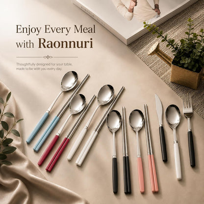 Modern Stainless Steel Spoon and Chopsticks Set of 2 – Lightweight, Dishwasher Safe, Reusable Premium Flatware for Daily Dining, Party, Event or Gift, Made in Korea (Soft Pink)