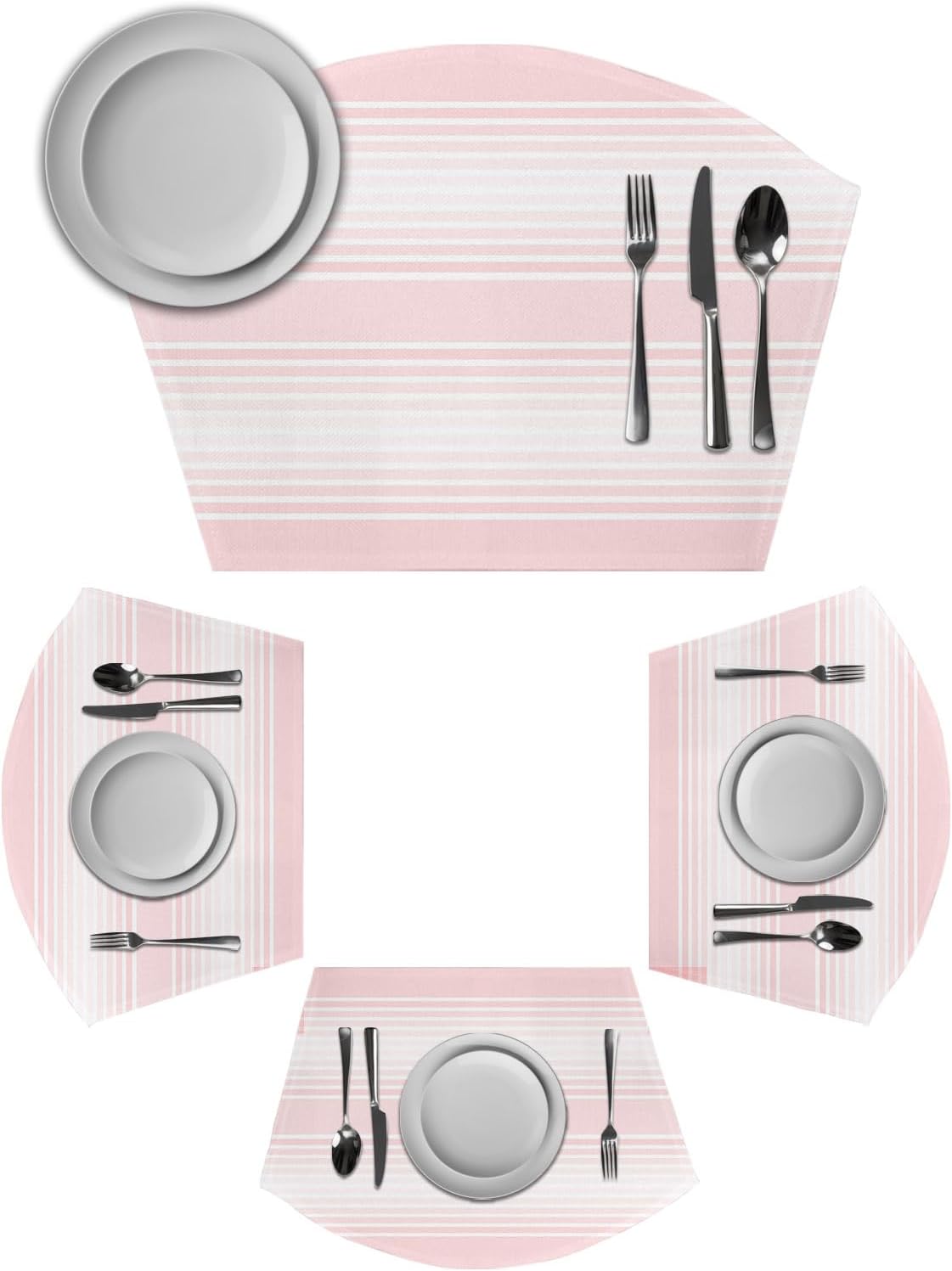 Pink Striped Wedge Shaped Placemats Set of 2, Cotton Linen Fan Place Mats, Pink Ombre Farmhouse Stripes Washable Table Mats for Holiday Wedding Party Dinning Coffee Tables 11.8"x17.5"