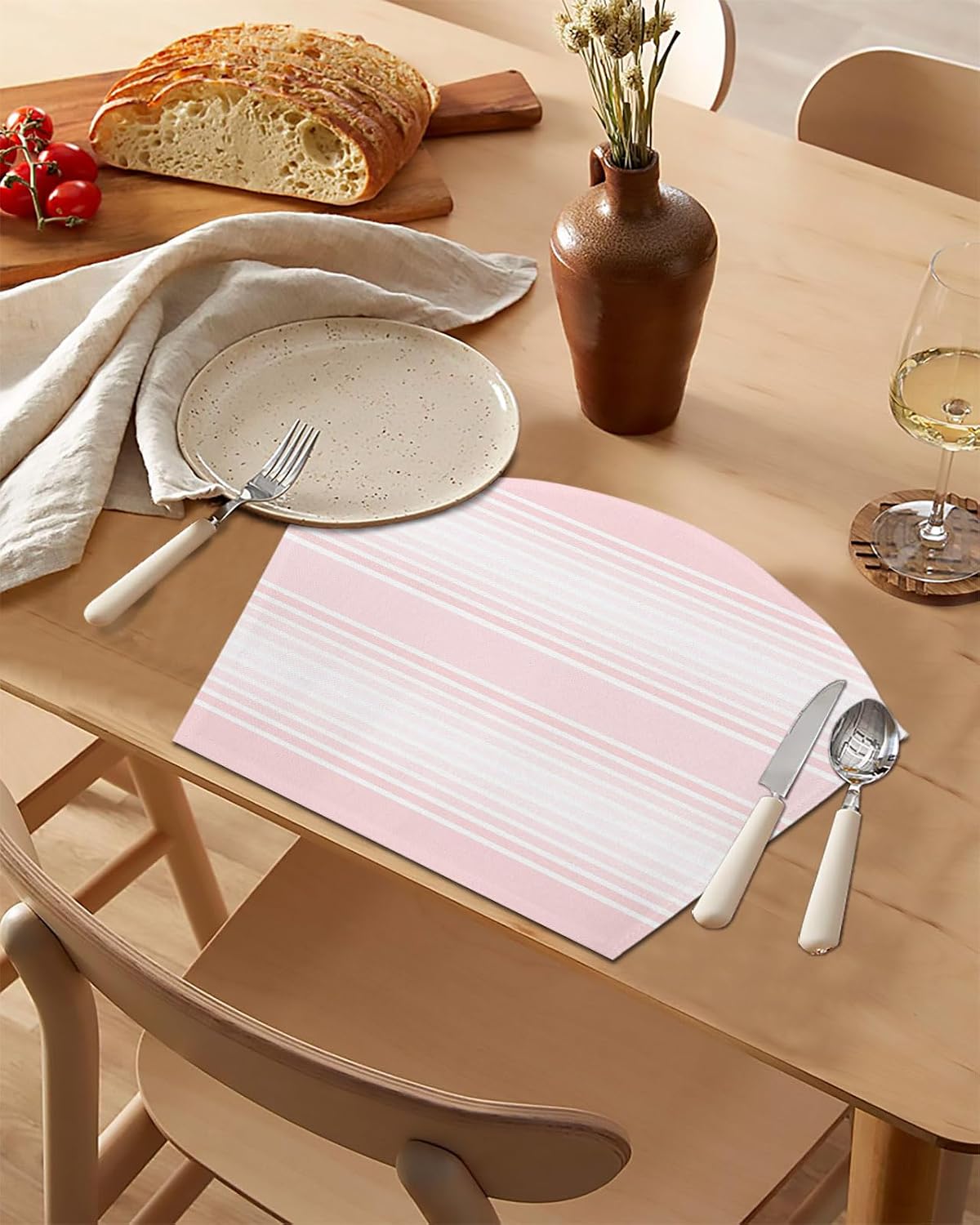 Pink Striped Wedge Shaped Placemats Set of 2, Cotton Linen Fan Place Mats, Pink Ombre Farmhouse Stripes Washable Table Mats for Holiday Wedding Party Dinning Coffee Tables 11.8"x17.5"