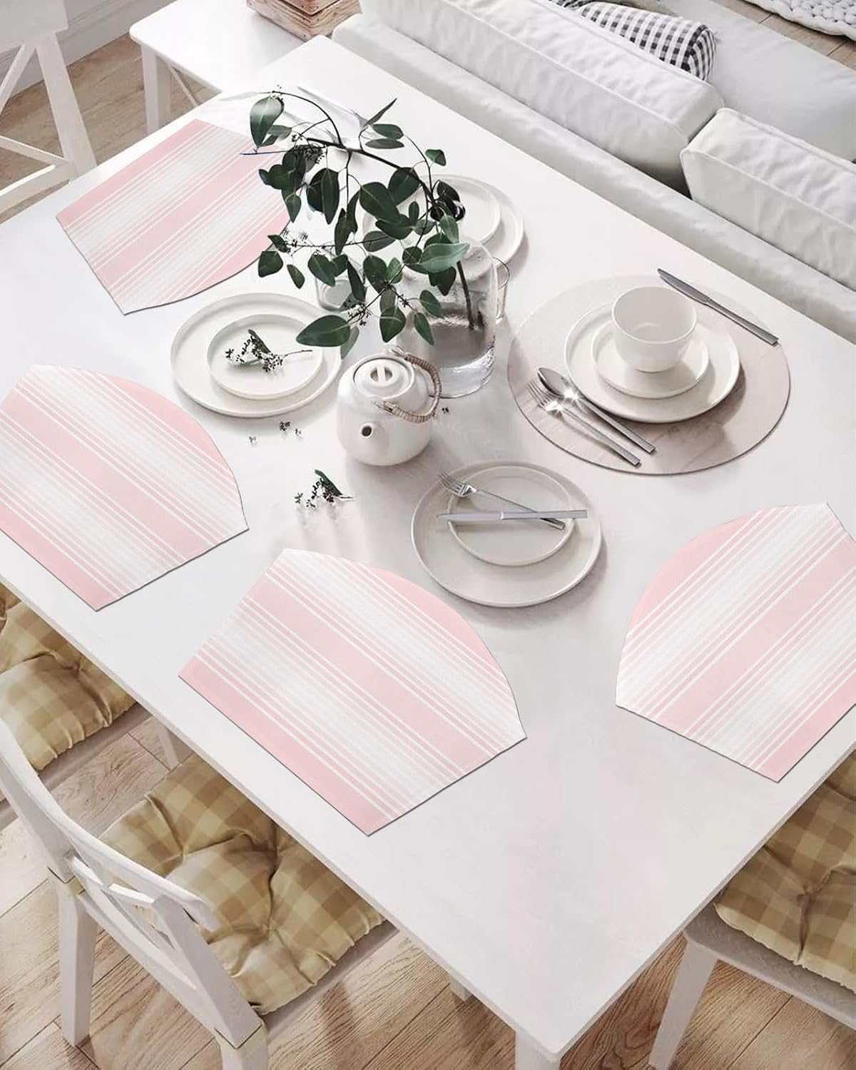 Pink Striped Wedge Shaped Placemats Set of 2, Cotton Linen Fan Place Mats, Pink Ombre Farmhouse Stripes Washable Table Mats for Holiday Wedding Party Dinning Coffee Tables 11.8"x17.5"