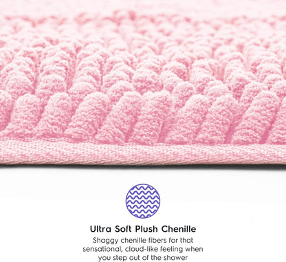 Striped Chenille Bathroom Rugs and Mats Sets, Ultra Soft Chenille Microfiber, Absorbent Non-Slip Machine Washable Bath Rugs, Bath Mat for Bathroom, Shower Mat & Tub, 21"x30", Light Pink