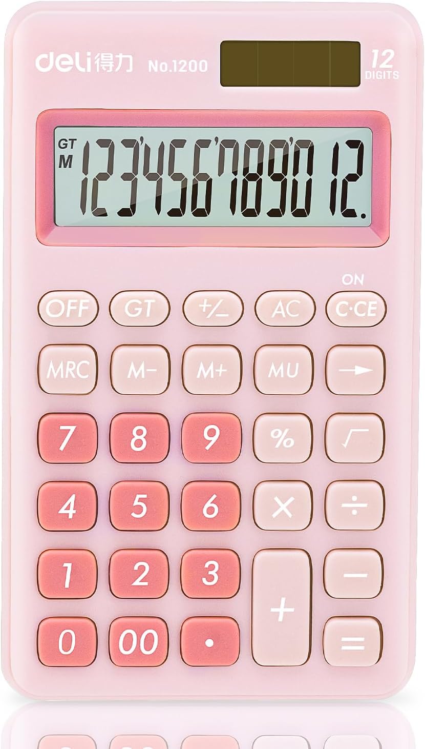 Deli Standard Function Basic Calculator, 12 Digit Desktop Calculator with Large LCD Display, Solar Battery Dual Power Office Calculators, Pink