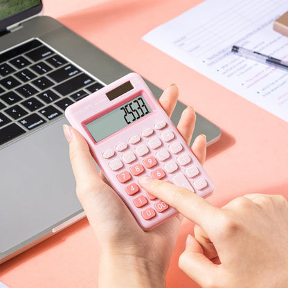 Deli Standard Function Basic Calculator, 12 Digit Desktop Calculator with Large LCD Display, Solar Battery Dual Power Office Calculators, Pink