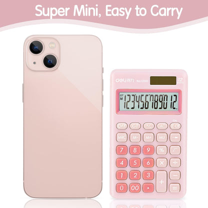 Deli Standard Function Basic Calculator, 12 Digit Desktop Calculator with Large LCD Display, Solar Battery Dual Power Office Calculators, Pink