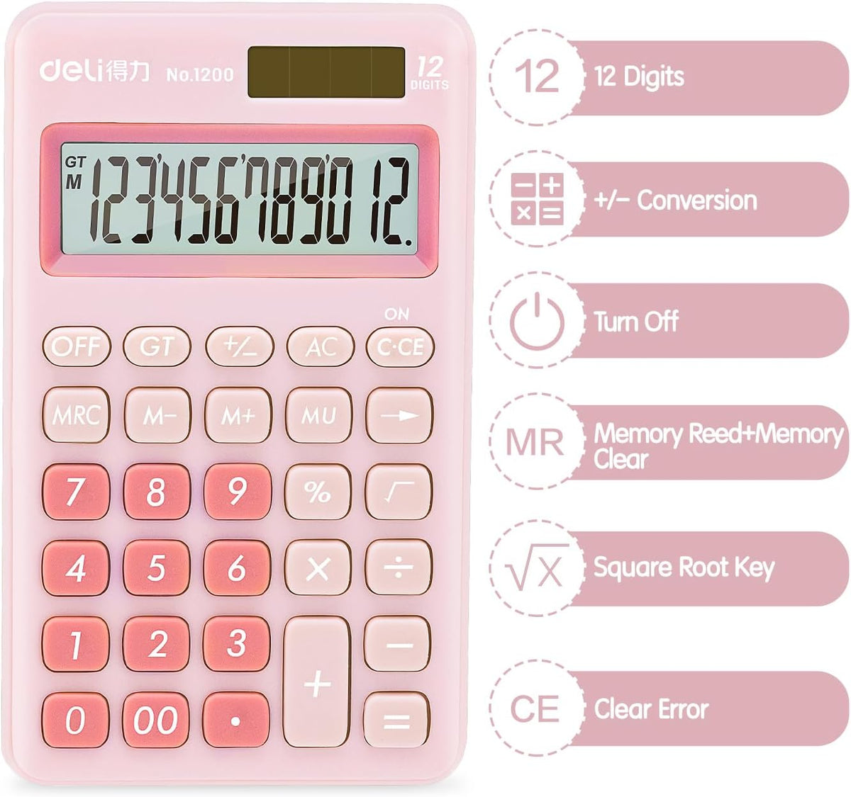 Deli Standard Function Basic Calculator, 12 Digit Desktop Calculator with Large LCD Display, Solar Battery Dual Power Office Calculators, Pink