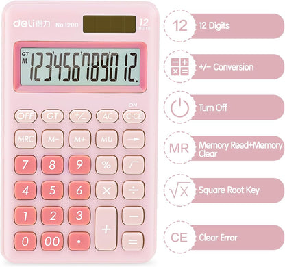 Deli Standard Function Basic Calculator, 12 Digit Desktop Calculator with Large LCD Display, Solar Battery Dual Power Office Calculators, Pink