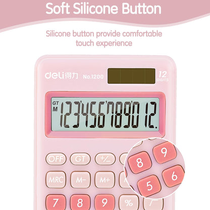Deli Standard Function Basic Calculator, 12 Digit Desktop Calculator with Large LCD Display, Solar Battery Dual Power Office Calculators, Pink