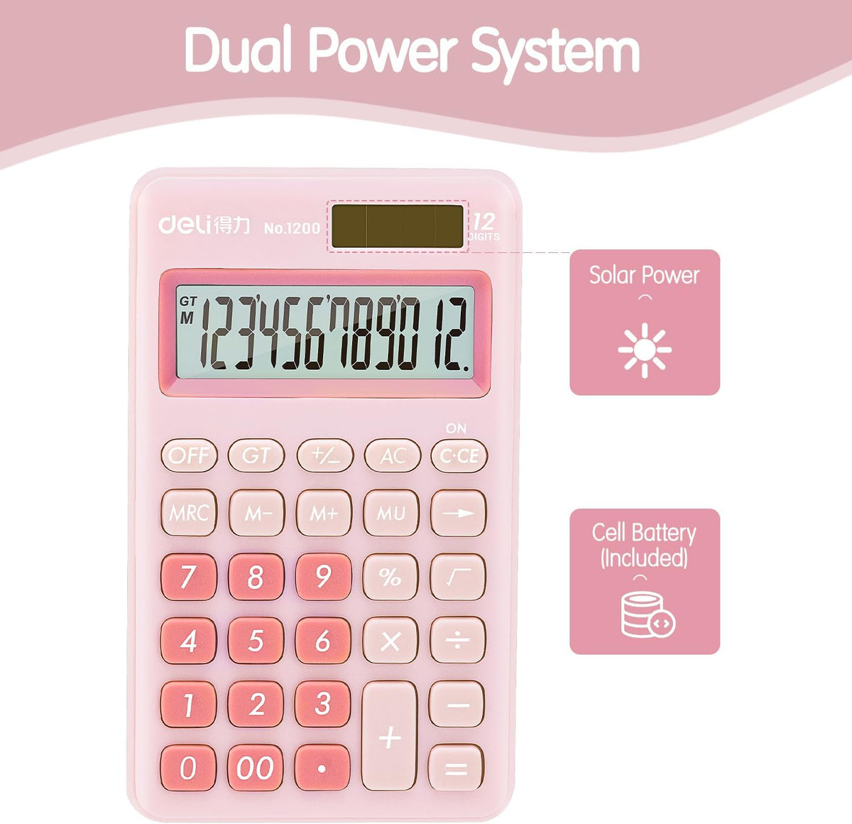 Deli Standard Function Basic Calculator, 12 Digit Desktop Calculator with Large LCD Display, Solar Battery Dual Power Office Calculators, Pink