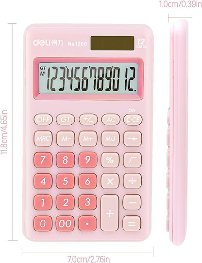 Deli Standard Function Basic Calculator, 12 Digit Desktop Calculator with Large LCD Display, Solar Battery Dual Power Office Calculators, Pink