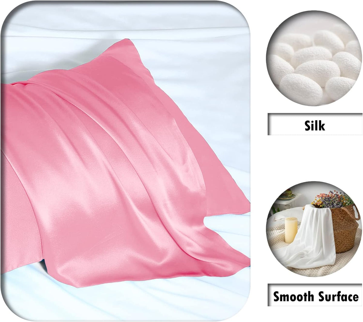 Mulberry Silk Pillowcase for Hair and Skin Standard Size 20"X 26" Pillow Case with Hidden Zipper Soft Breathable Smooth Cooling Silk Pillow Covers for Sleeping (Pink,Standard,1Pcs)