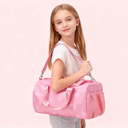 Pink Bow Travel Bag with Wet & Shoe Compartments for Teen Girls