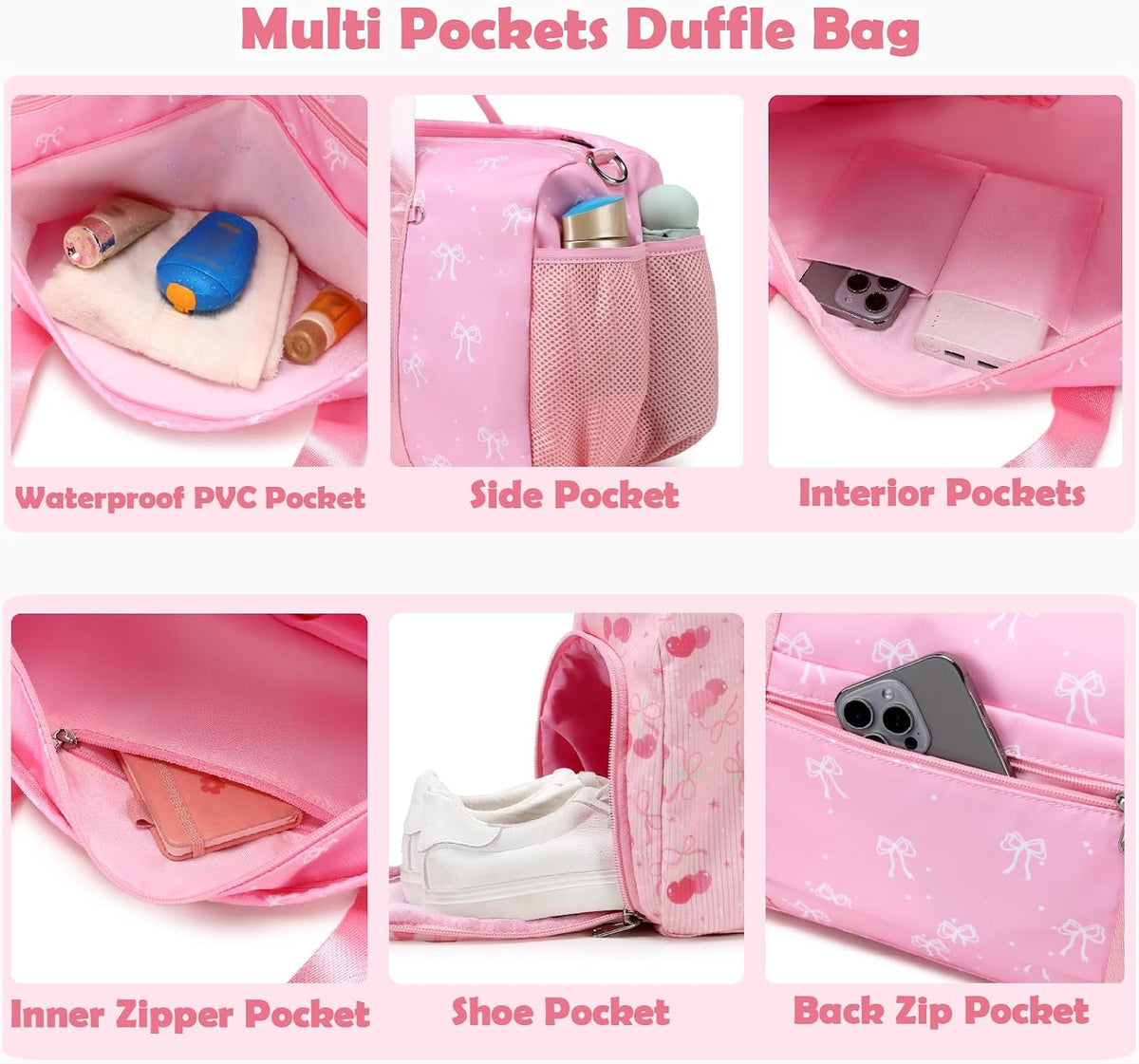 Pink Bow Travel Bag with Wet & Shoe Compartments for Teen Girls