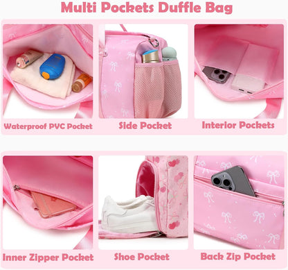 Pink Bow Travel Bag with Wet & Shoe Compartments for Teen Girls