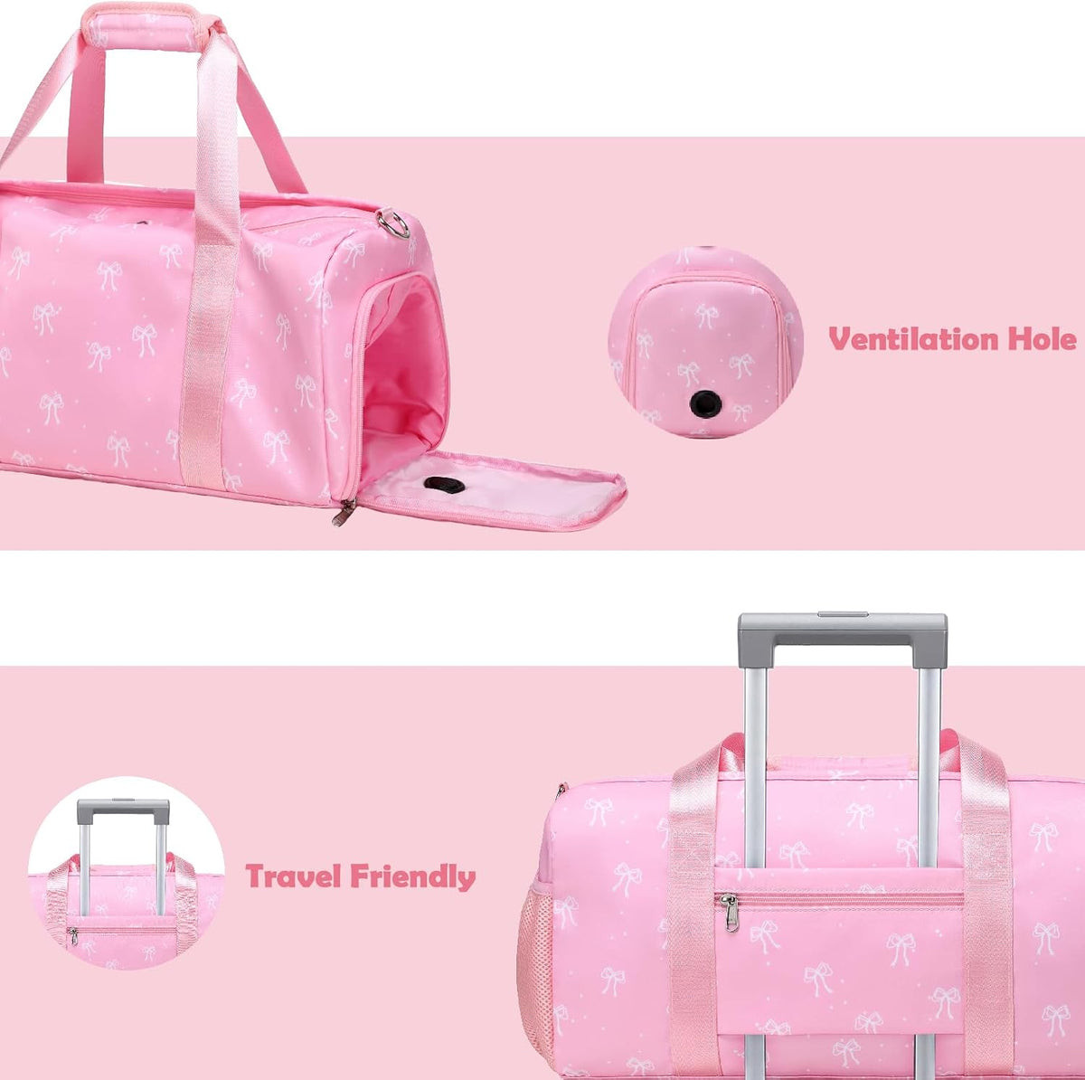 Pink Bow Travel Bag with Wet & Shoe Compartments for Teen Girls