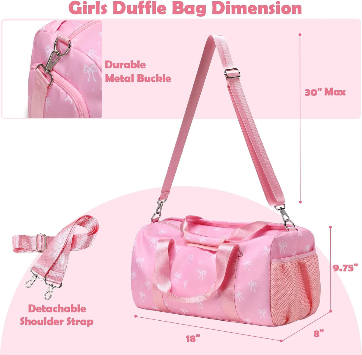 Pink Bow Travel Bag with Wet & Shoe Compartments for Teen Girls