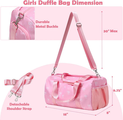 Pink Bow Travel Bag with Wet & Shoe Compartments for Teen Girls