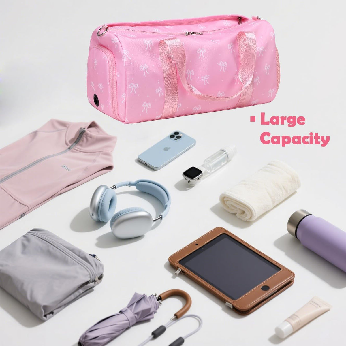 Pink Bow Travel Bag with Wet & Shoe Compartments for Teen Girls