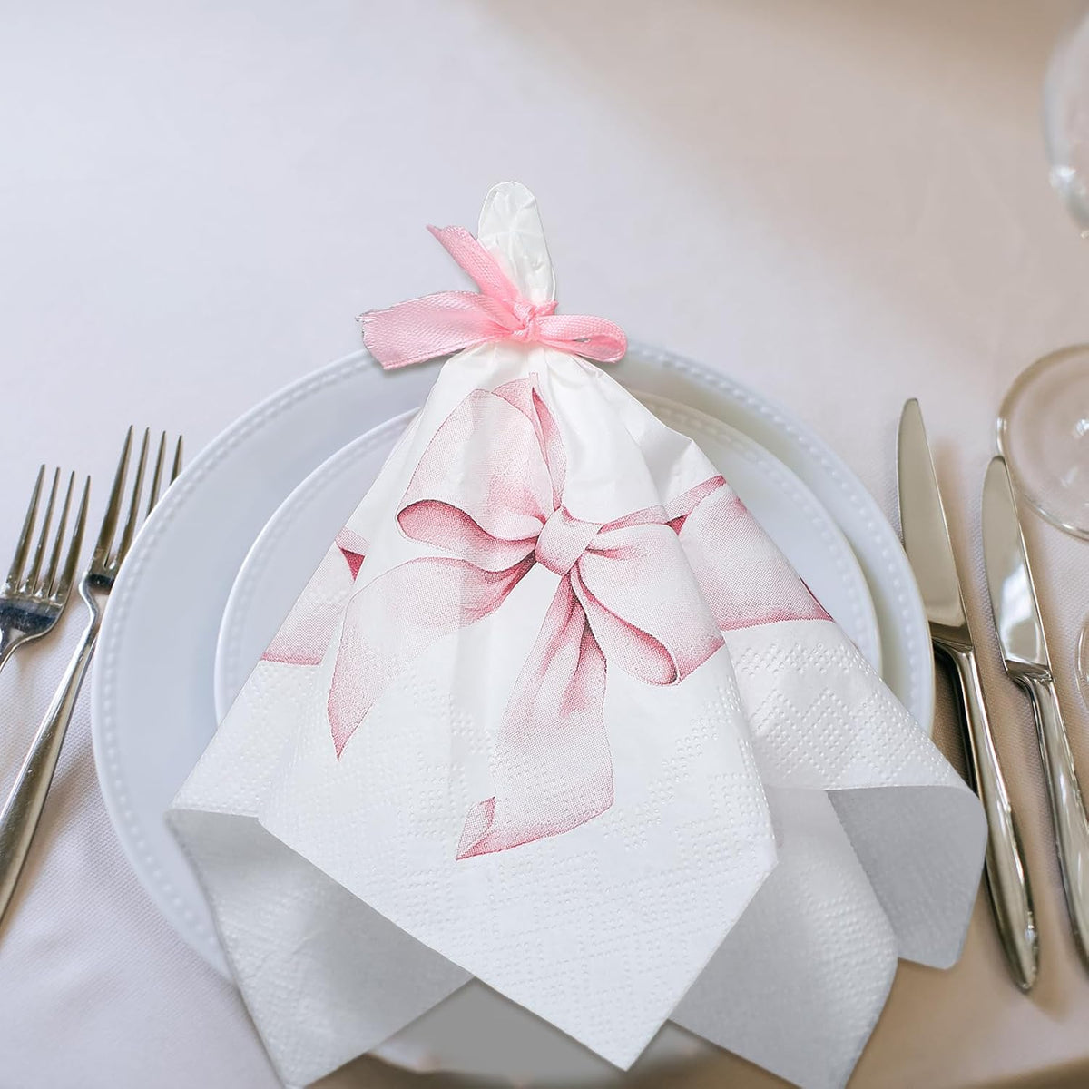 100 Pcs Bow Napkins 2 Ply 5 x 5 Inches,Pink