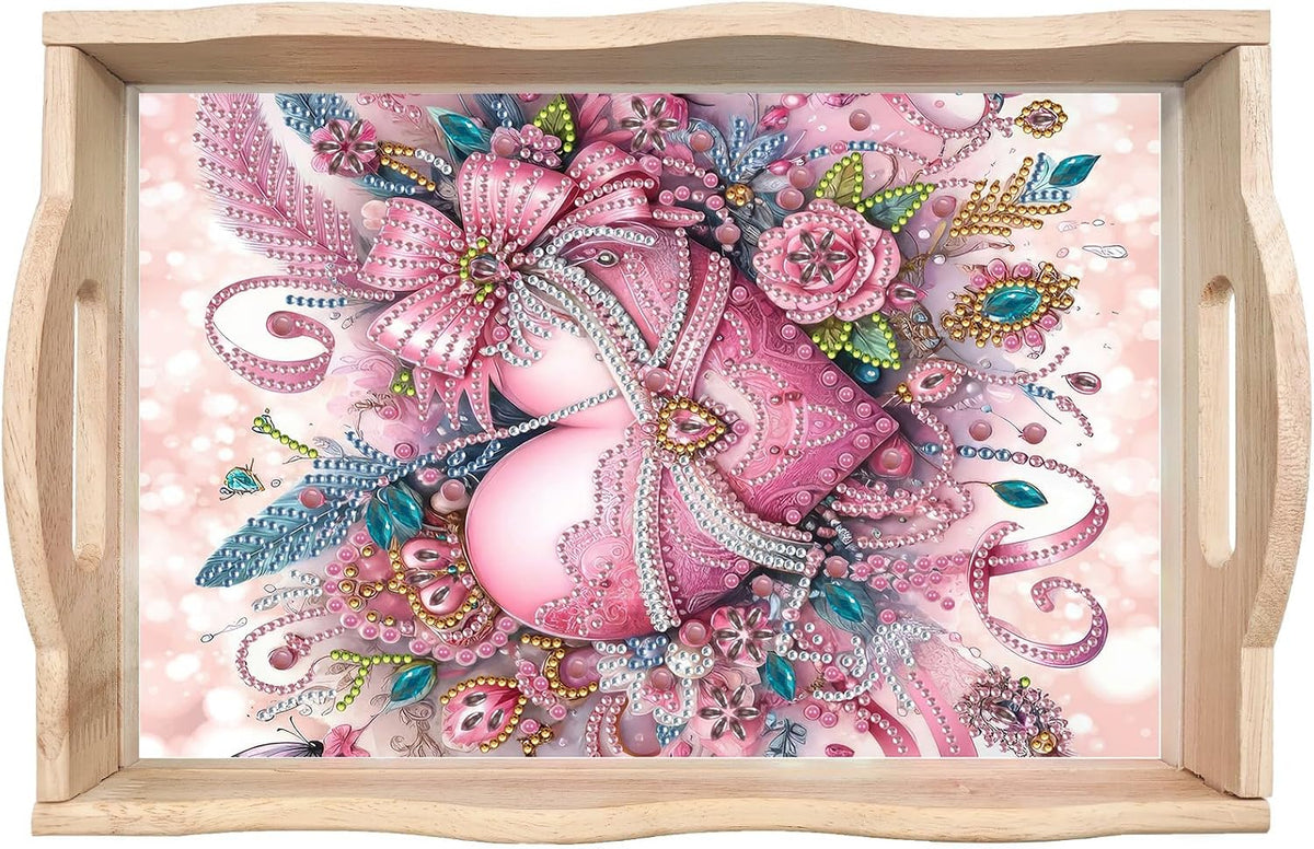 DIY Diamond Art Painting Creative Design Handmade Wooden Serving Tray Dinner Plate Partial Diamond Art Breakfast Tray for Coffee Living Room Home Organizer - Pink Heart