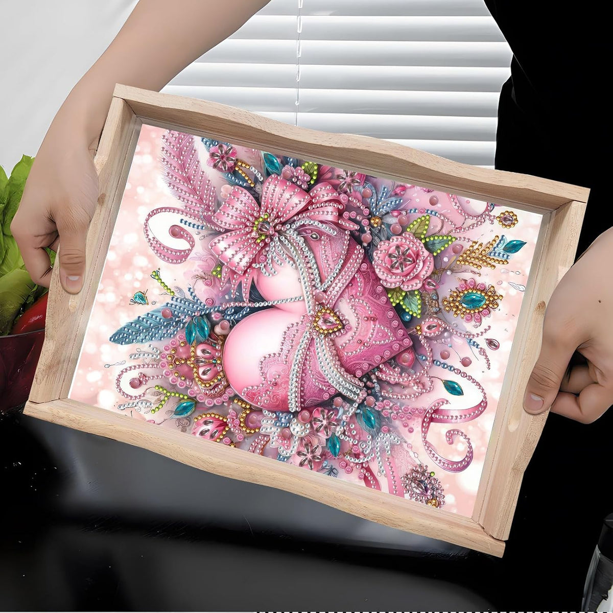 DIY Diamond Art Painting Creative Design Handmade Wooden Serving Tray Dinner Plate Partial Diamond Art Breakfast Tray for Coffee Living Room Home Organizer - Pink Heart