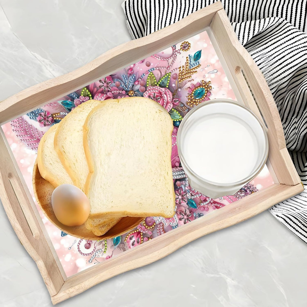 DIY Diamond Art Painting Creative Design Handmade Wooden Serving Tray Dinner Plate Partial Diamond Art Breakfast Tray for Coffee Living Room Home Organizer - Pink Heart