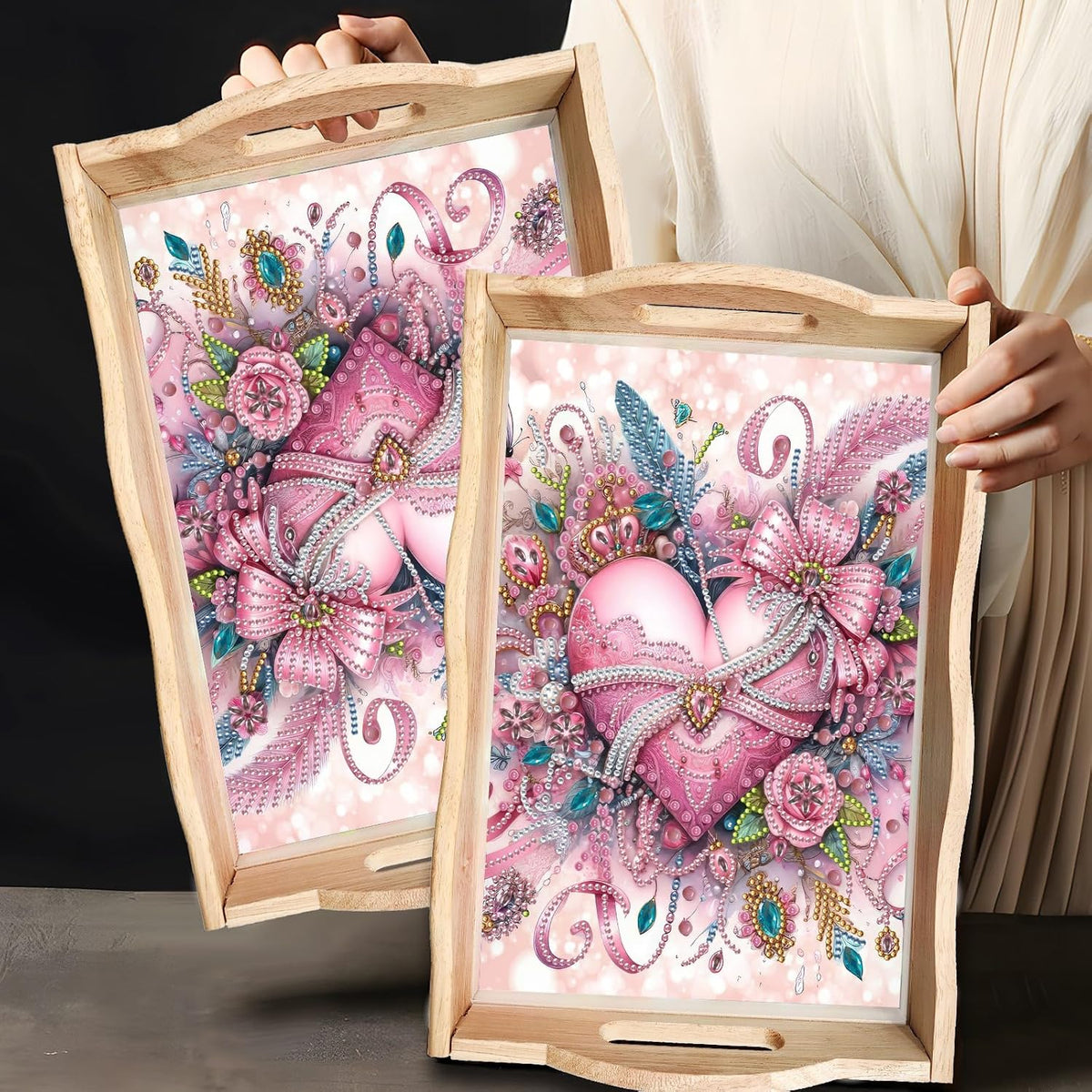 DIY Diamond Art Painting Creative Design Handmade Wooden Serving Tray Dinner Plate Partial Diamond Art Breakfast Tray for Coffee Living Room Home Organizer - Pink Heart