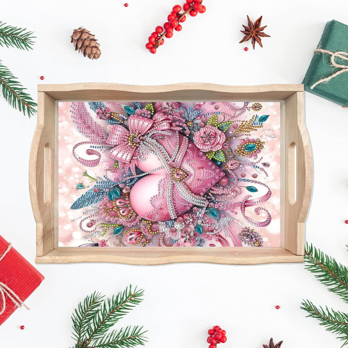 DIY Diamond Art Painting Creative Design Handmade Wooden Serving Tray Dinner Plate Partial Diamond Art Breakfast Tray for Coffee Living Room Home Organizer - Pink Heart