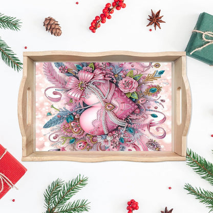 DIY Diamond Art Painting Creative Design Handmade Wooden Serving Tray Dinner Plate Partial Diamond Art Breakfast Tray for Coffee Living Room Home Organizer - Pink Heart