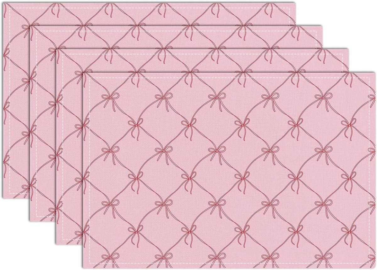 Set of 4 Pink Bow Placemats, Wipeable Washable Heat-Resistant Linen Fabric Table Place Mats, Non-Slip Cute Placemat for Kitchen Table Wedding Party Indoor/Outdoor Decor 12x18 Inch /02