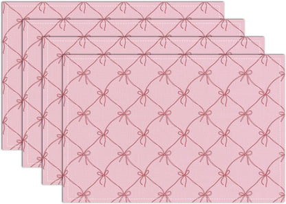 Set of 4 Pink Bow Placemats, Wipeable Washable Heat-Resistant Linen Fabric Table Place Mats, Non-Slip Cute Placemat for Kitchen Table Wedding Party Indoor/Outdoor Decor 12x18 Inch /02
