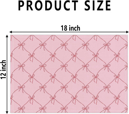Set of 4 Pink Bow Placemats, Wipeable Washable Heat-Resistant Linen Fabric Table Place Mats, Non-Slip Cute Placemat for Kitchen Table Wedding Party Indoor/Outdoor Decor 12x18 Inch /02