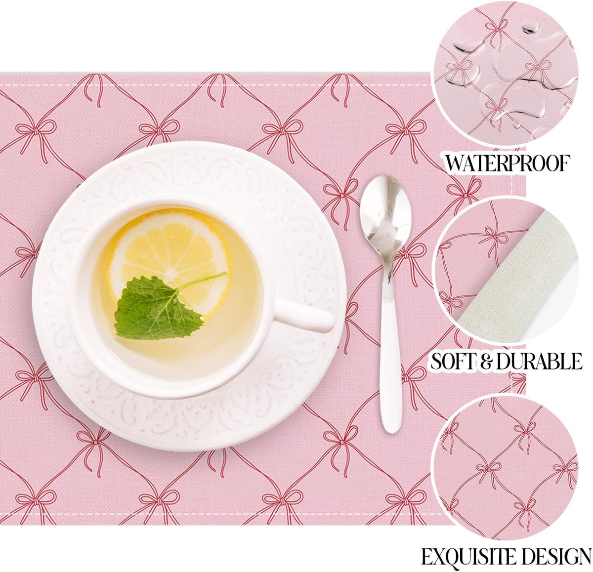 Set of 4 Pink Bow Placemats, Wipeable Washable Heat-Resistant Linen Fabric Table Place Mats, Non-Slip Cute Placemat for Kitchen Table Wedding Party Indoor/Outdoor Decor 12x18 Inch /02